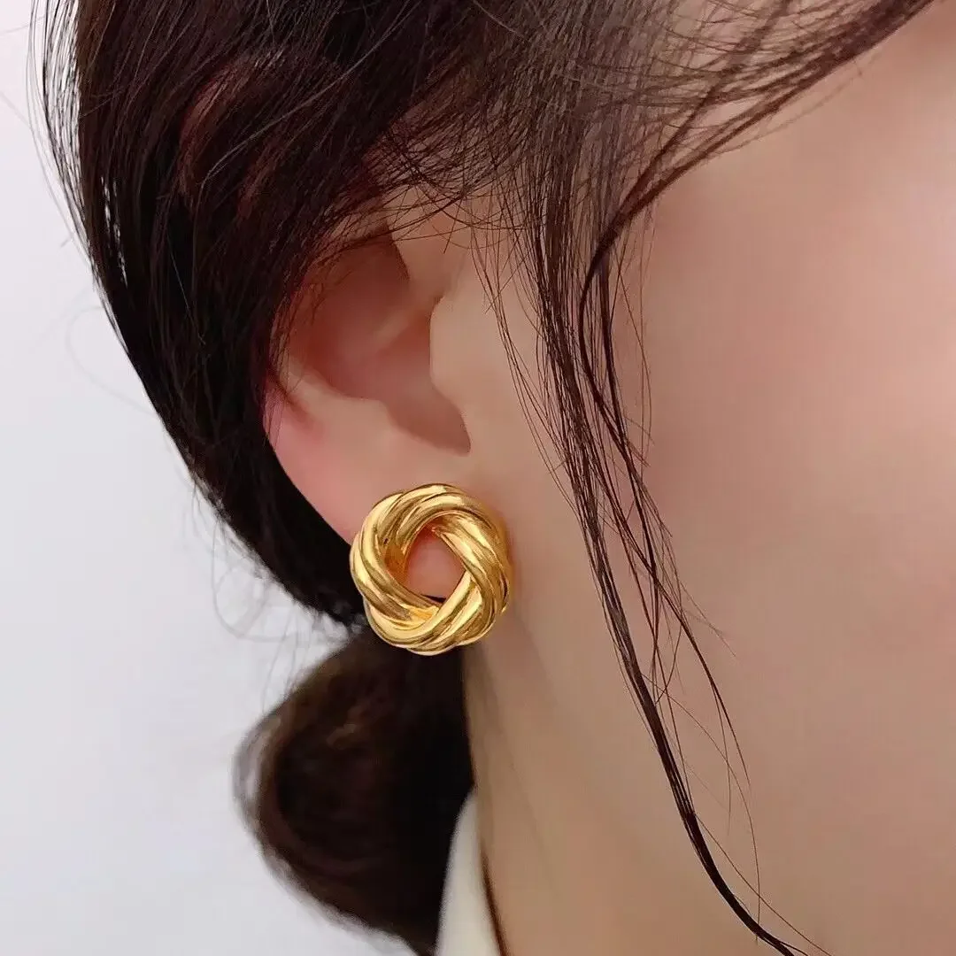 DSHIJOJ anting wanita emas 18k murni anting desain putar gaya lingkaran berongga kancing logam anting Au750 cap