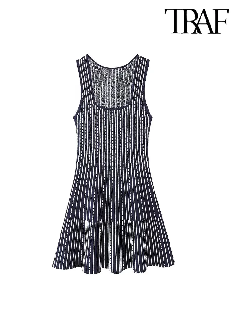 TRAF2023 Summer Woman Striped Knitted Mini Dress Fashion Sleeveless Square Neck Causal Slim Elegant Dresses