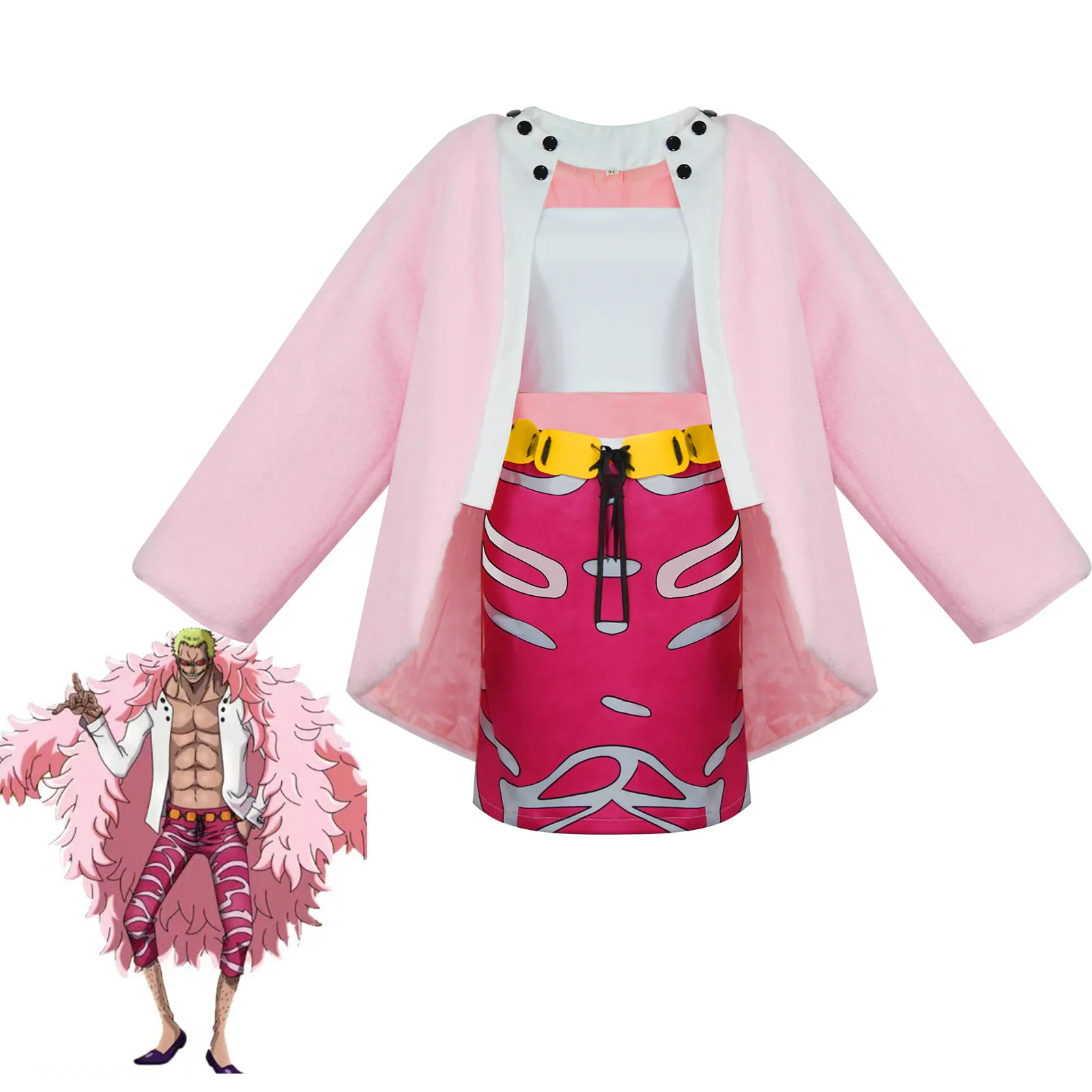 ONE PIECE Donquixote Doflamingo Anime Cosplay Costume Jacket Skirt Belt Tube Top Glasses Uniform Full Set Hallowee Clothes