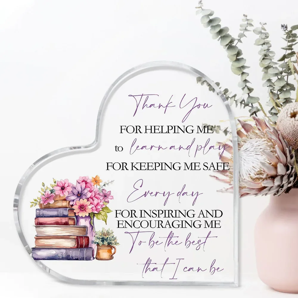 Teachers Appreciation Gifts, Purple Flower Book Heart Shaped Acrylic Sign Thank You Childcare Worker Present