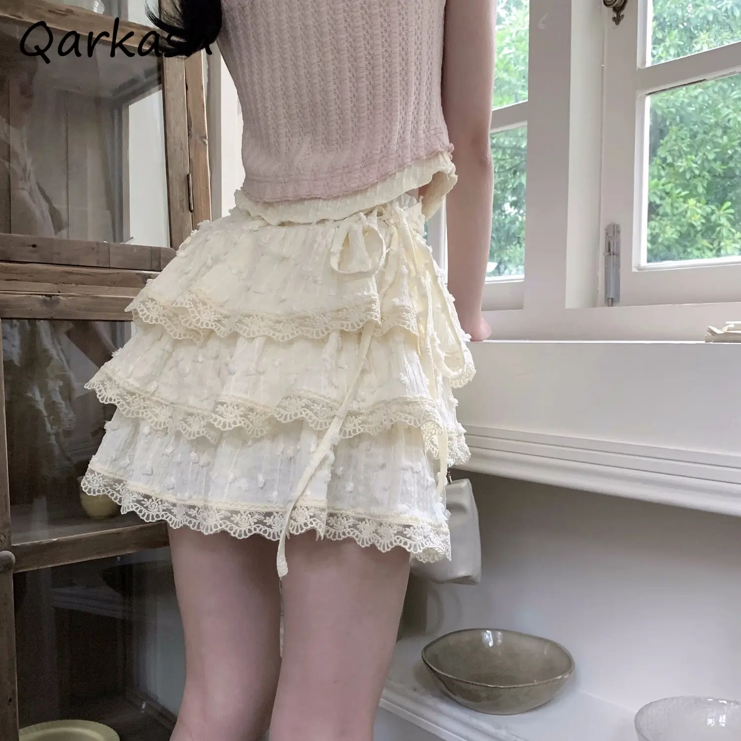 Mini Skirts Women Sweet Kawaii Lace Ruffles Patchwork Y2k Beige Japanese Lolita Streetwear All-match Party Students Summer Chic