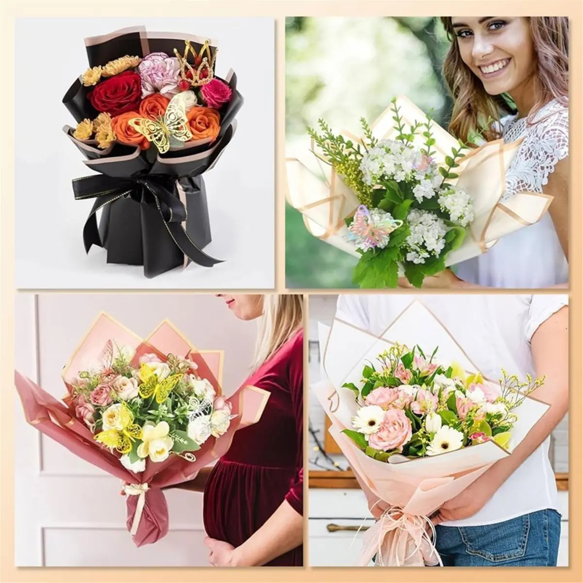 Multi-use Gear Bouquet Wrapping Paper Kits, Waterproof Floral Wrapping Paper in Black Pink Beige with Ribbons, Pins, 3D Butterfl