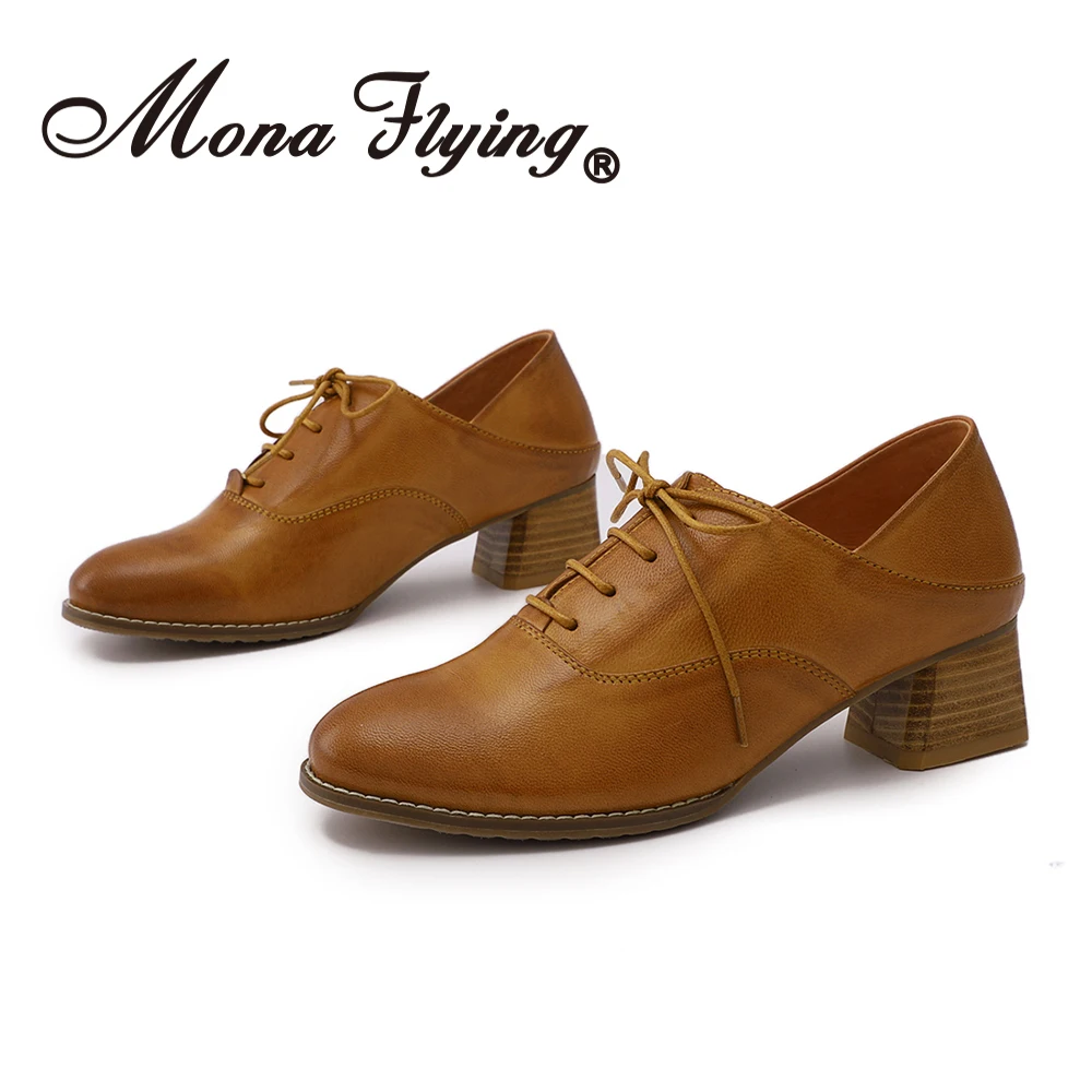 

Mona Flying Heeled Oxfords Women Lace up Pumps Chunky Mid-heel Genuine Leather Stacked Block Heel Vintage Ladies Dress Shoes