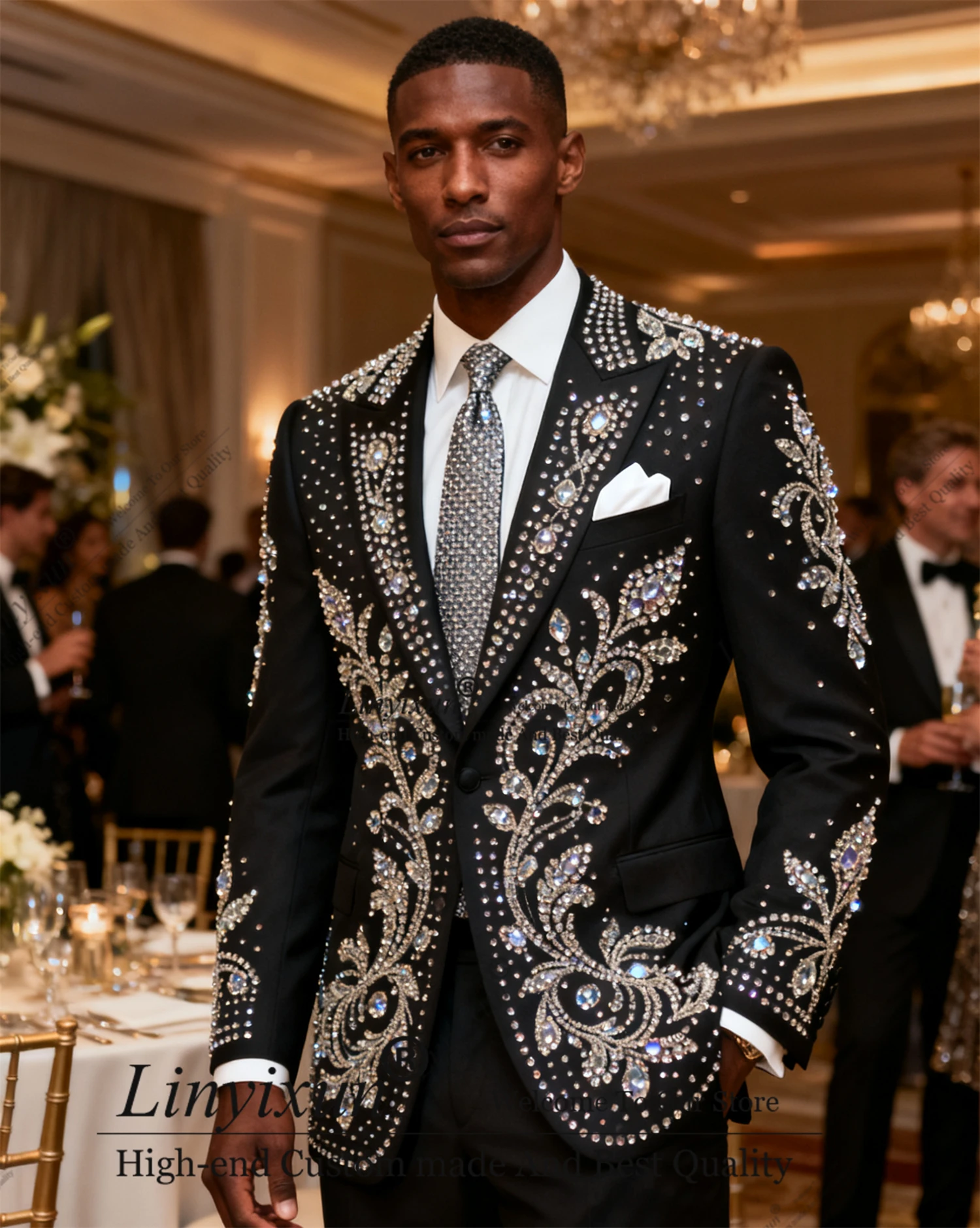 

Элегантные мужские костюмы со стразами и бисером, облегающие свадебные смокинги по индивидуальному заказу, комплекты из 2 предметов, мужские пиджаки с пиковыми лацканами, Ropa hombre