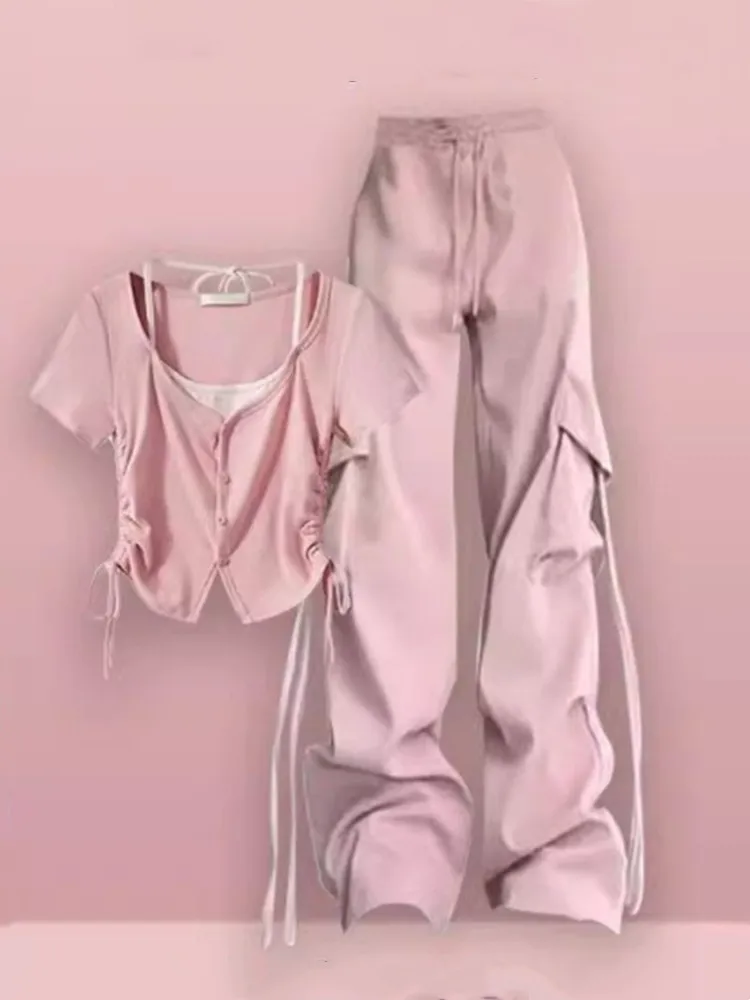 Summer Korean version new women's loose design short T-shirt+fashionable wide leg pants two-piece set