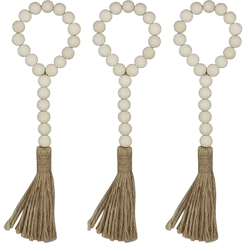 

1Pc Wood Bead Garland with Tassels Farmhouse Beads Jute Tassels DIY Craft Tassels Rustic Country Prayer Beads Wall Hanging Decor