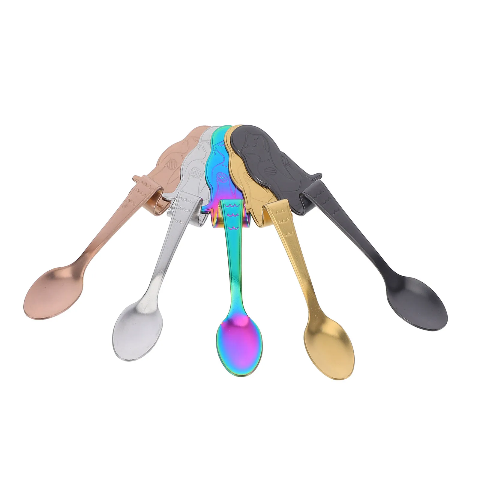 

5pcs Mermaid Shape Coffee Spoon Exquisite Grinding Bright Texture Long Lasting Shine Hangable For Tea Dessert Ice Cream Mixing