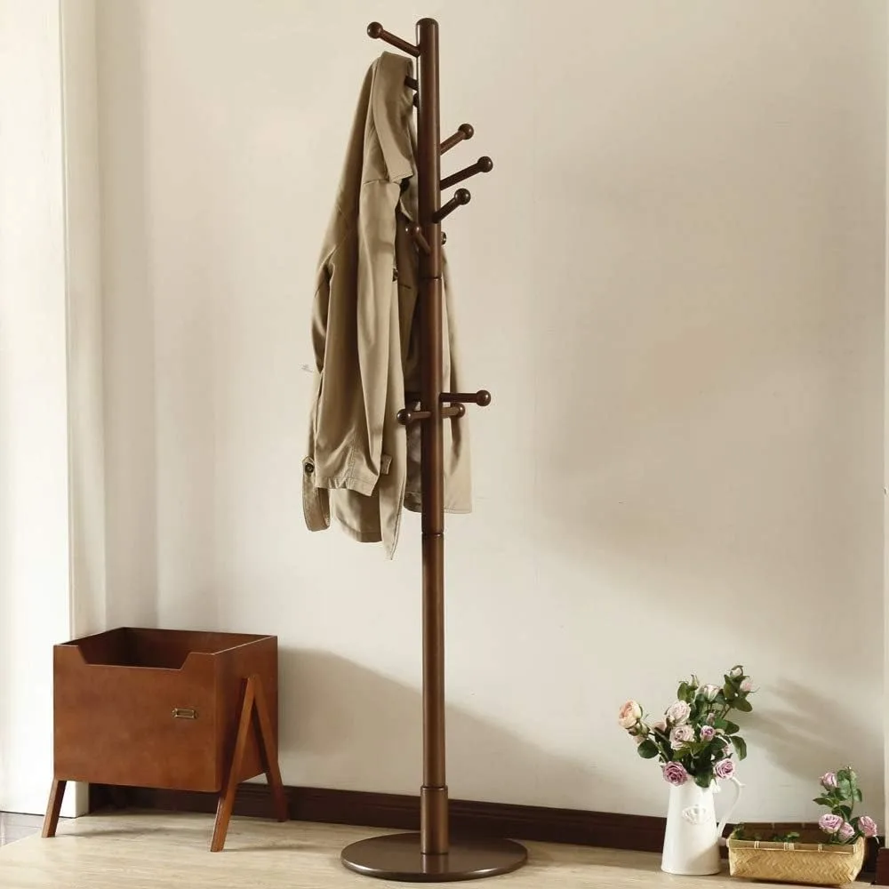 

Freestanding wooden coat rack, wooden hall tree clothes hanger, 11 hooks, round base, 3 adjustable heights for hats, clothes