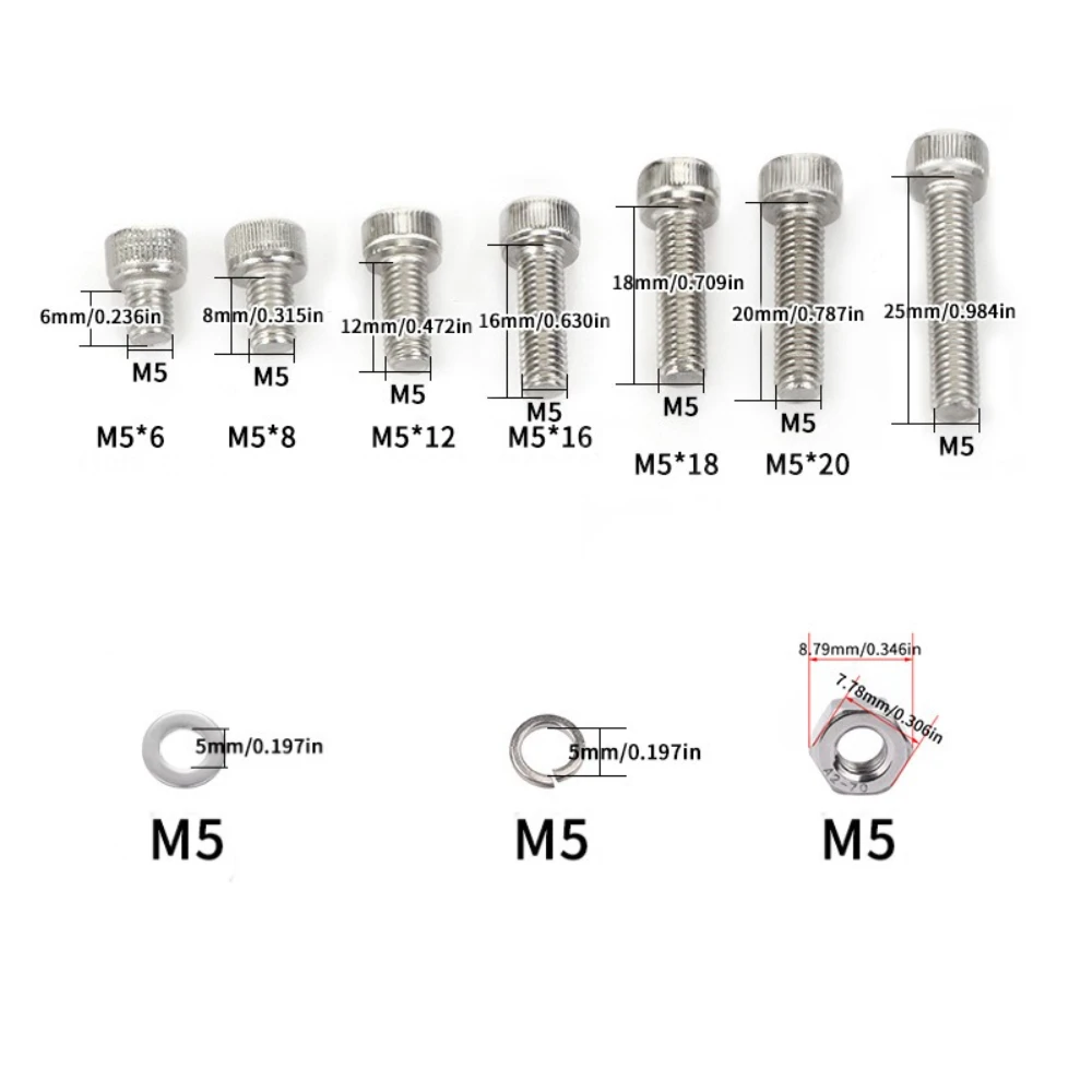 216 قطعة 304 مسدس من الفولاذ المقاوم للصدأ المقبس المسمار المكسرات مجموعة أسطواني رئيس الترباس المسمار الربيع غسالة شقة غسالة M5 الترباس