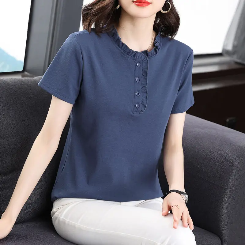 Women Summer Simplicity Loose Elegant Solid Color O-neck Short Sleeve T-Shirt Women Clothes Casual All-match Appear Thin Top Tee