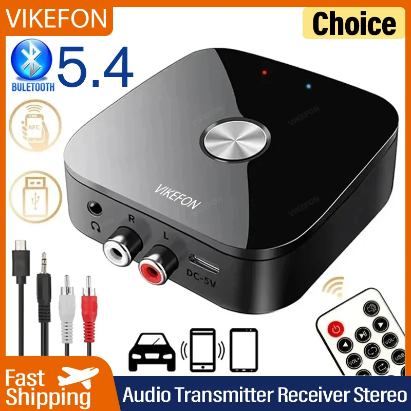 VIKEFON NFC 블루투스 5.3 오디오 리시버, 3.5mm AUX R/L RCA 스테레오 HIFI 음악 자동차 무선 어댑터, USB U 디스크 재생 리모컨 