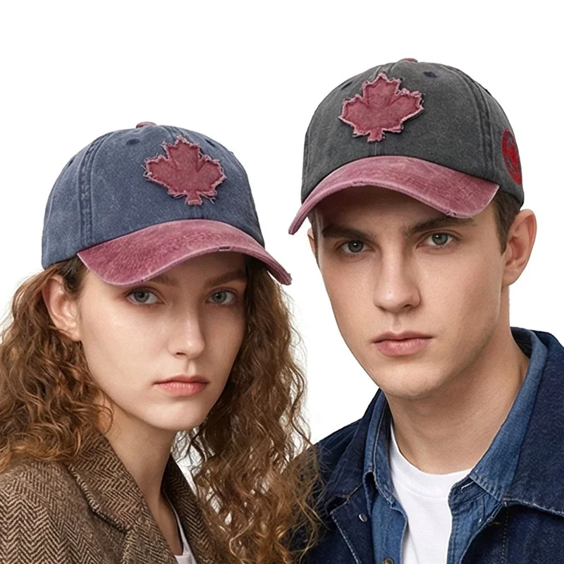 Fashion Color-Block Sun Protection Retro Baseball Cap with Maple Leaf Patch Versatile Duckbill Hat for Casual Wear