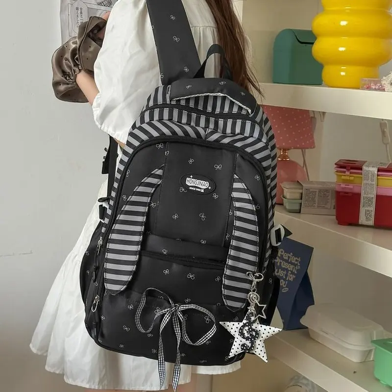 Women Y2K Backpack With Striped Bunny Ears Bow Print And Star Charm Kawaii School Travel Daypack Cute Anime Style Rucksack
