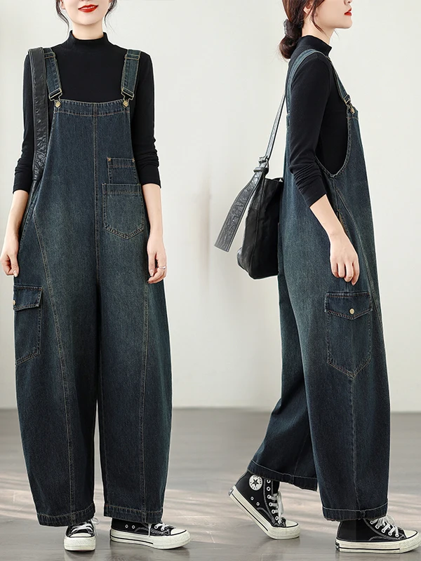 Losse artistieke dames denim overall herfst 2022, nieuwe Sle groot formaat katoen polyester mix l taille jeansbroek