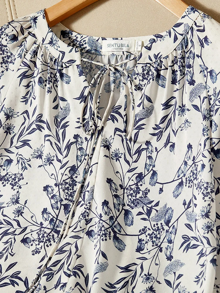 Sentubila-Camisa de meia manga, Casacos com renda estampados, blusas vintage soltas, senhora elegante do escritório, 2023, verão, 122V42117