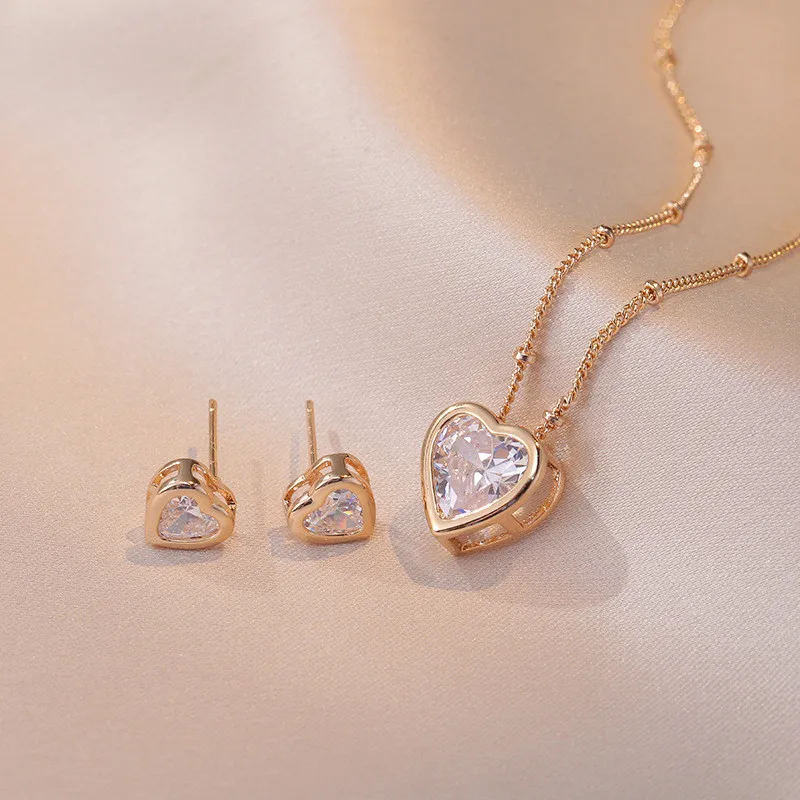 Light Luxury Heart Zircon Jewelry Set Fashion Geometric Stainless Steel Pendant Necklace Earrings Party Gifts For Women Girls