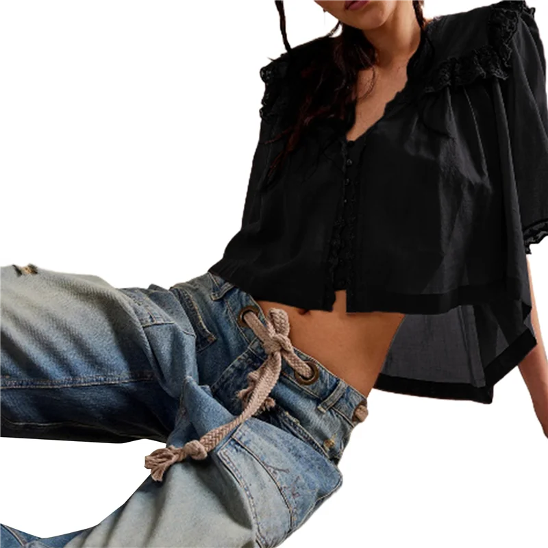 AOAO-Mulher Y2K Ver Através Peplum Camisa Plissado Renda Guarnição Botões Tops Manga Curta Gola Boneca Babydoll Blusa