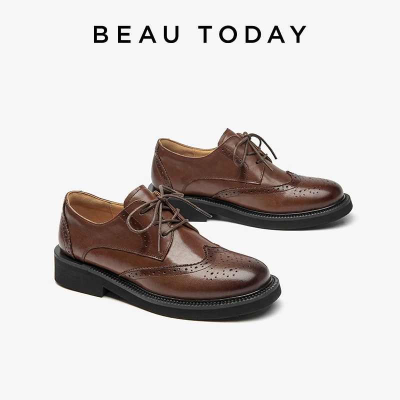 BEAUTODAY Женские туфли-броги из телячьей кожи, однотонные, с круглым носком, в британском стиле, на плоской подошве, на шнуровке, ручной работы, 21661