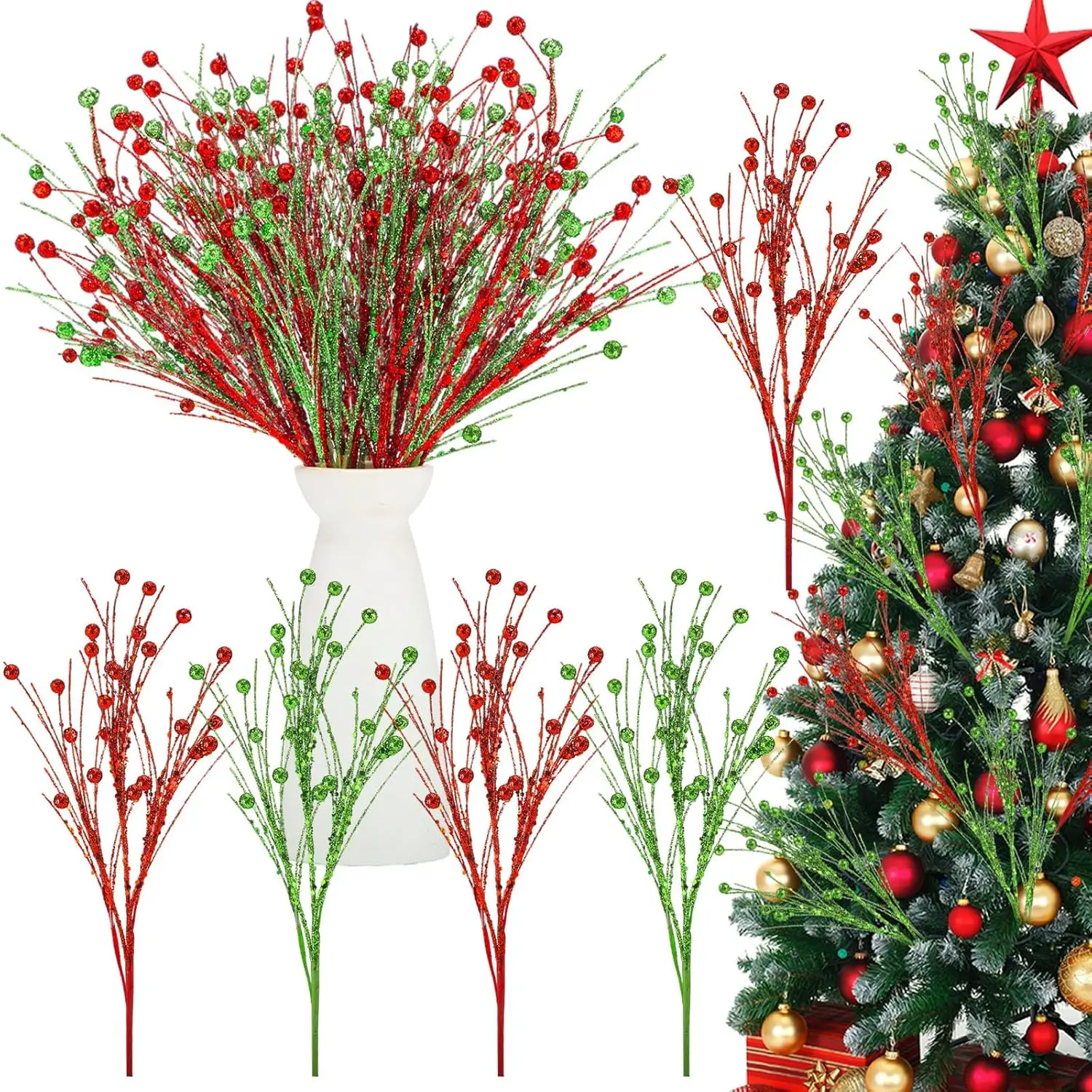 

12 шт. 13,8-дюймовые выборки для рождественской елки, красные, зеленые блестящие ягодные ветки для наполнителя вазы, принадлежности для рукоделия в виде венка