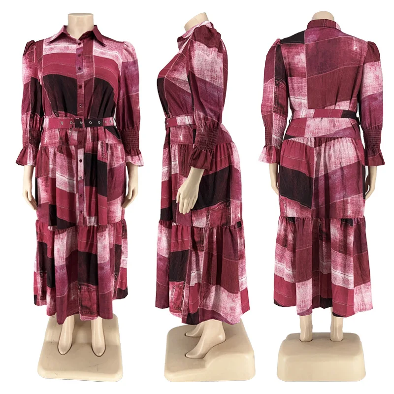 

Long Dress Women Shirt Dresses A Line Vestidos Print Streetwear Turn Down Collar Full Sleeve Y2k High Waist Belt 2025 Party Work