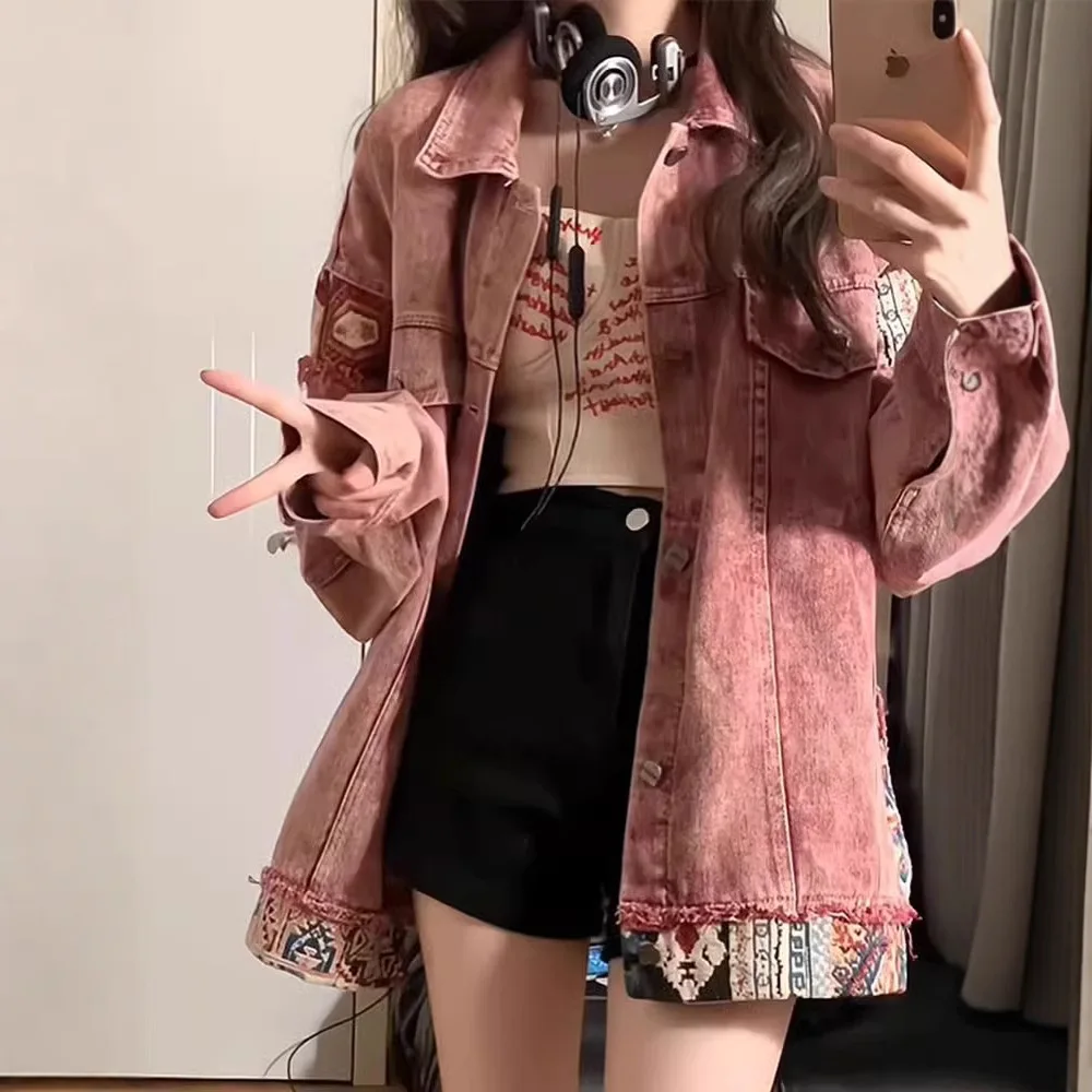 

Spring Autumn New Loose Fit Pink Splicing Women Denim Jacket Sweet Cool Workwear Casual Female Long Sleeve Coat