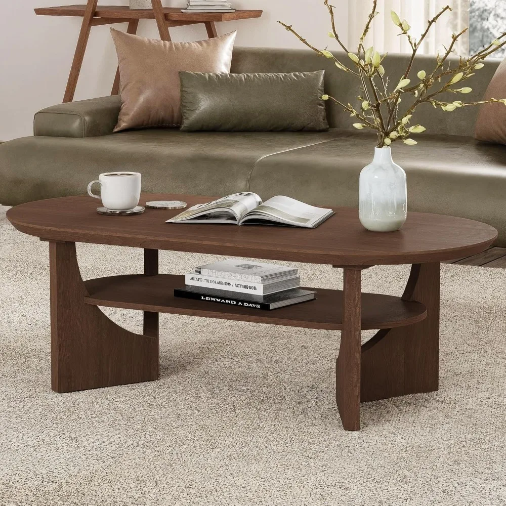 

Mid Century Modern Coffee Table, 47.2" Oval Wood Coffee Tables for Living Room, 2 Tier Curved Round Center Table