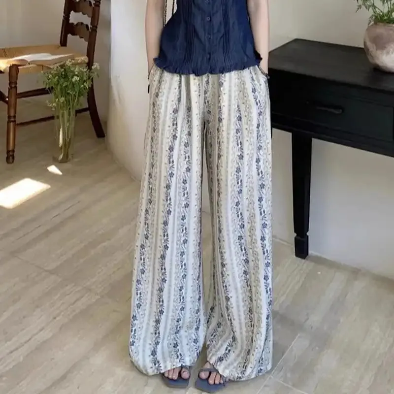 Women's Blue White Floral Wide-leg Pants High Waist Pleated Texture