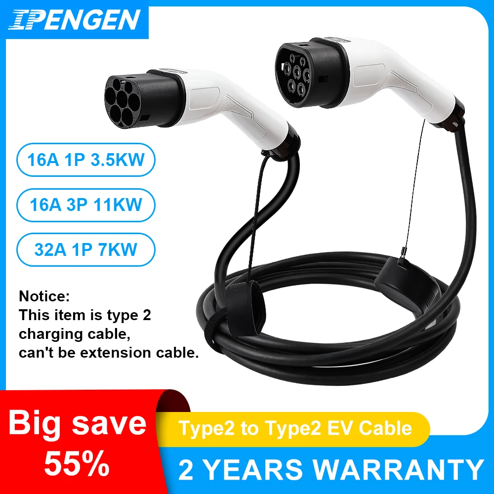 

IPENGEN 16A/32A 11 кВт Тип 2 к Тип 2 Переносной кабель для зарядки электромобилей IEC 62196-2 Зарядное устройство для электромобилей Автомобиль в общественной станции