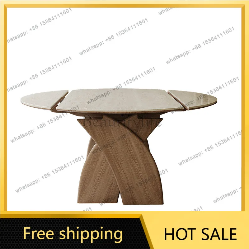 Slate dining table household small apartment medium and ancient style retractable variable round solid wood round table