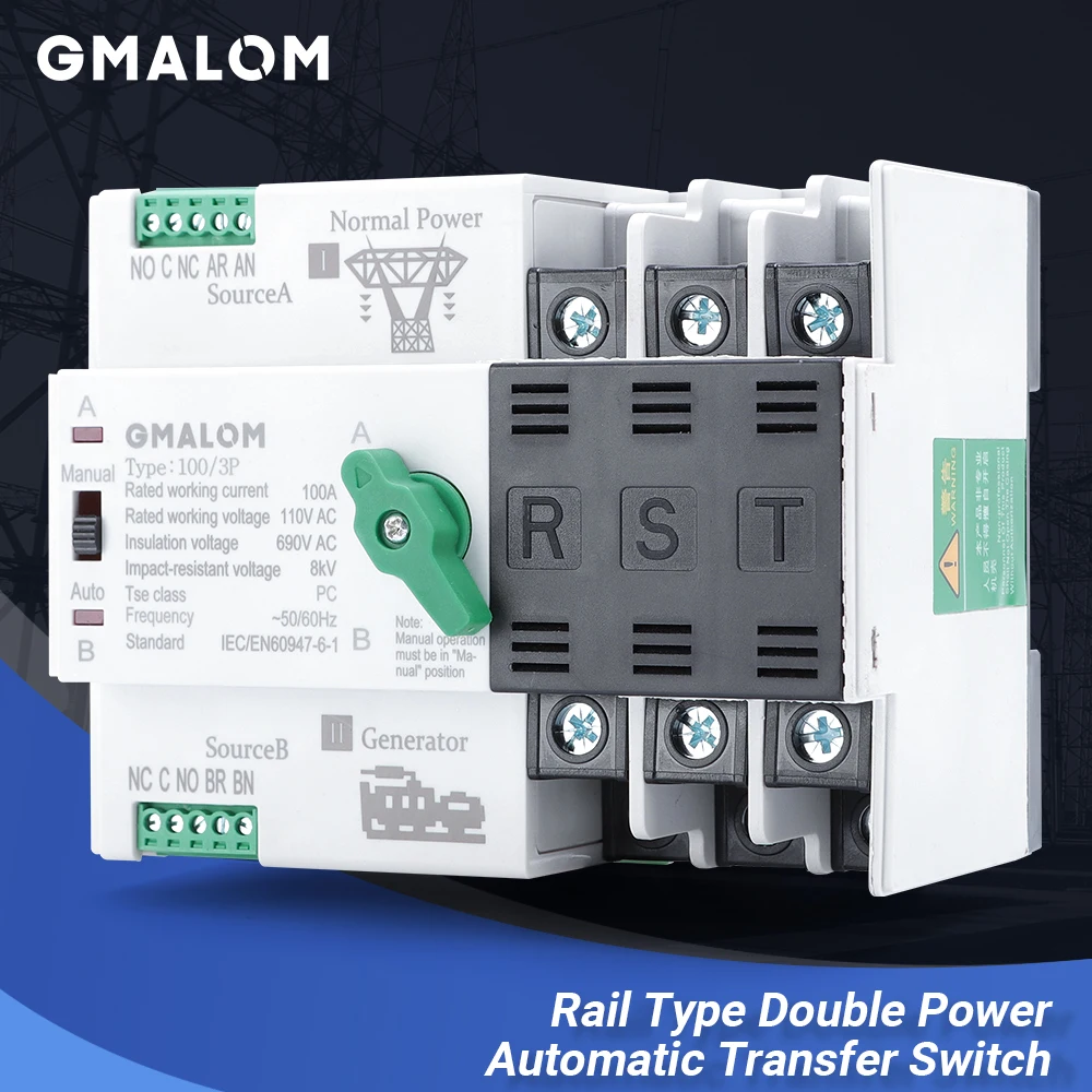 

Dual Power Automatic Transfer Switch Rail 2P 3P 4P ATS 110v Electrical Selector Switches Uninterrupted Power 63A 100A 50/60HZ HQ