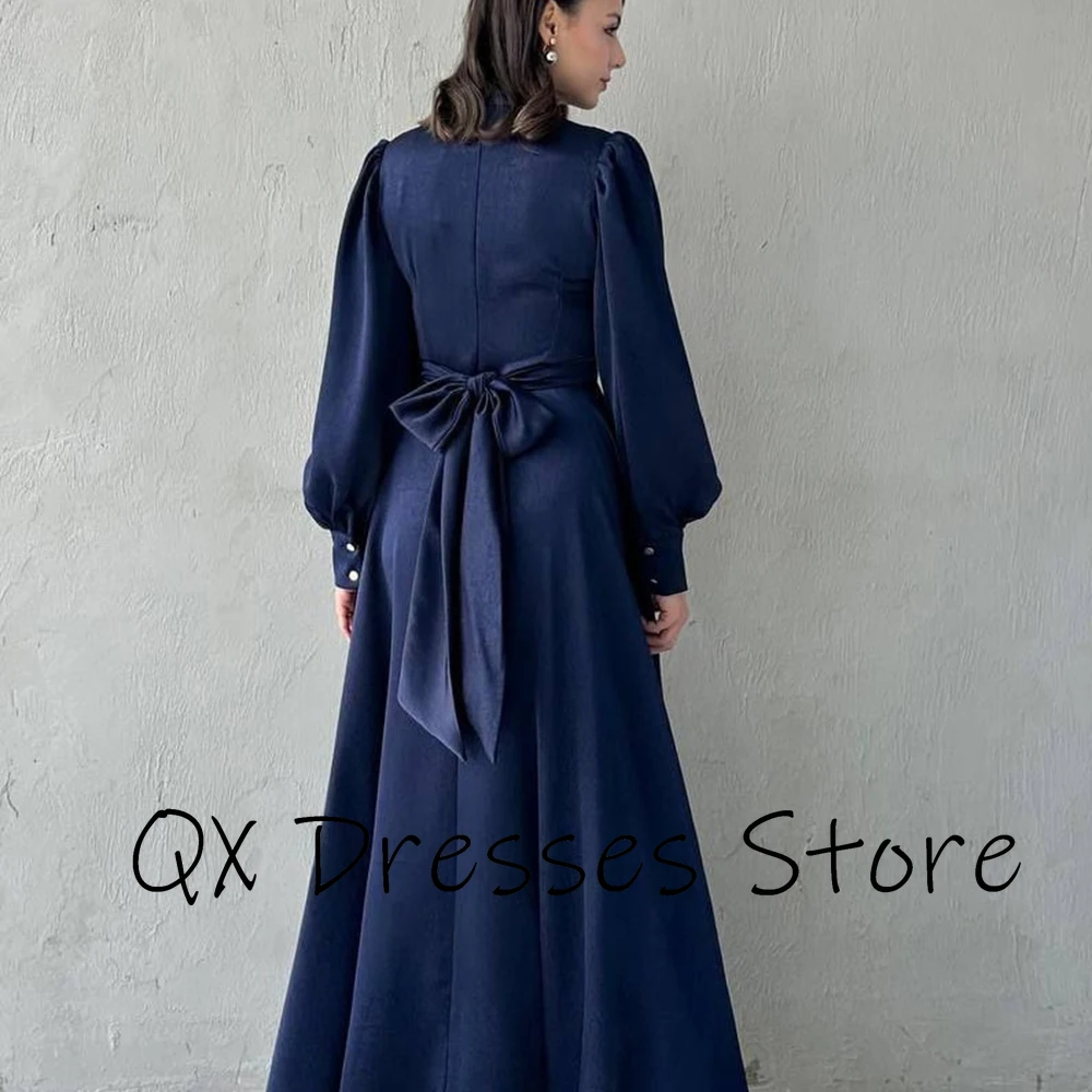 사용자 정의 높은 넥 라인 새틴 이브닝 드레스 풀 슬리브 보우 지퍼 파티 드레스 플리츠 a 라인 바닥 길이 댄스 파티 드레스