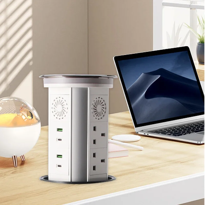 Hot Selling UK Standard Power Socket Hidden Mounted Retractable Top Wireless Charging Pop up Desk Worktop Electric Lift Tower So