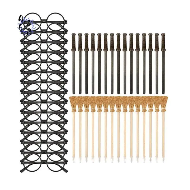 

A68P-45 Piece Witch Broom Pencils And Wands Round Frame Pencils And Glasses No Lens Festive Props Witch Wand Theme Party Supplie