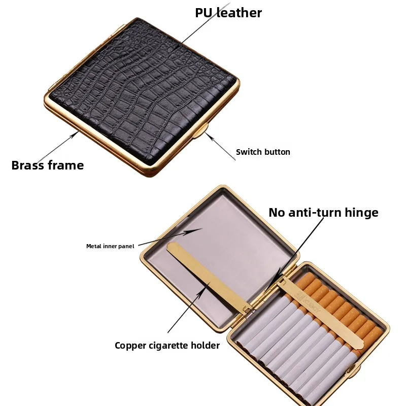 

Portable Men's High End Leather Cigarette Box Alligator Pattern Anti Pressure Copper Vintage Self Rolling Thick Cigarette Box