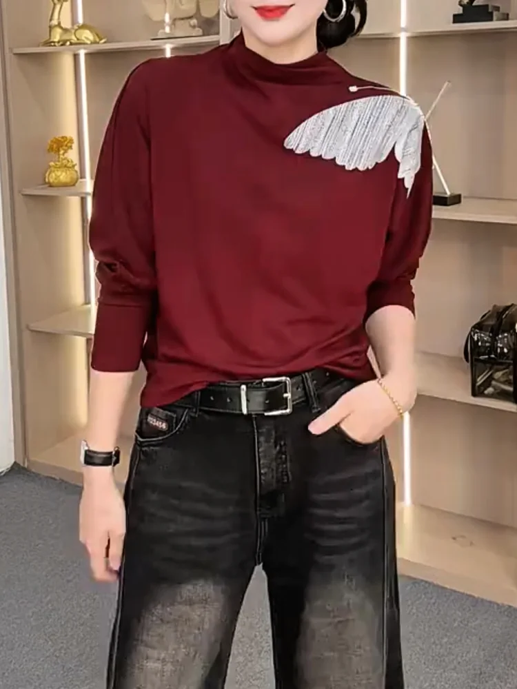 

Французский стиль, принт, высокий воротник, женский топ больших размеров, универсальный, осенняя новинка, базовая одежда для дома