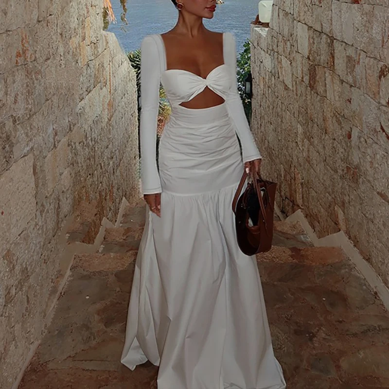 Fashion Hollow Out Slim Hug Hip Dress Elegant Solid Long Sleeved Splicing Evening Dress Sexy Square Neck High Waist A-Line Dress