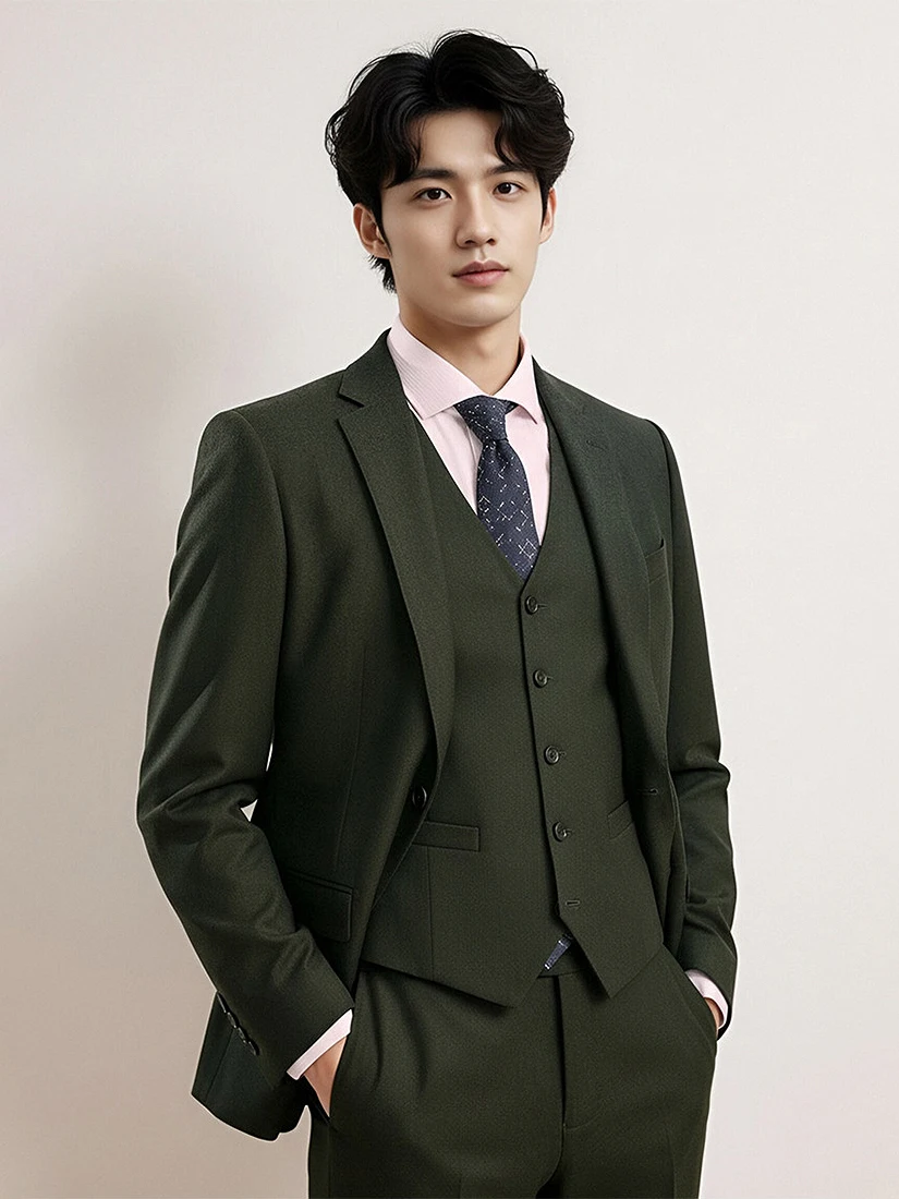 100% Australian Wool Men's Suit Set Olive Green Luxury Wedding & Business Suit Blazer Pants Groom Tuxedo for Formal Occasions