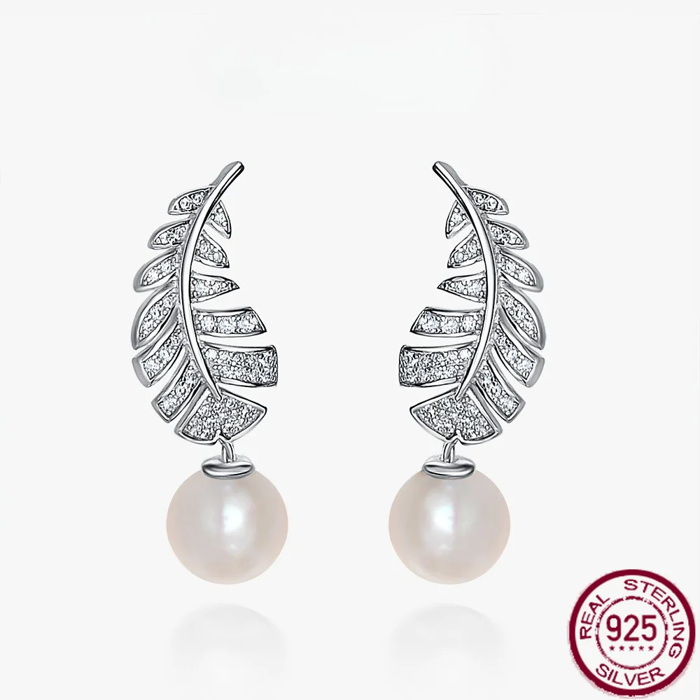 New S925 silver feather temperament earrings 8mm white pearl earrings high carbon diamond earrings engagement jewelry