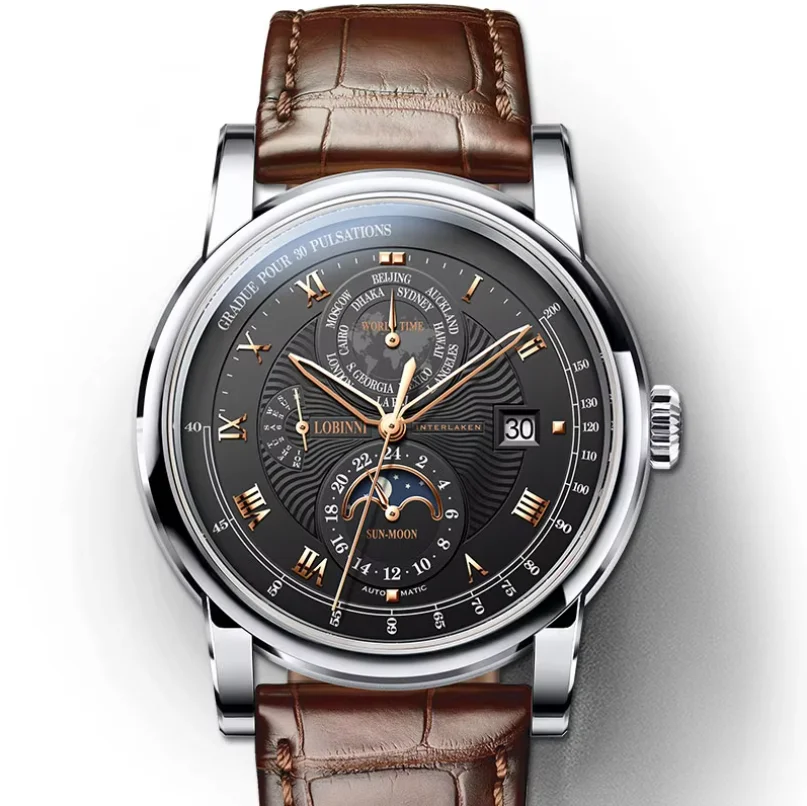 LOBINNI Men Automatic Watch 42mm Mechanical Wristwatch Waterproof Sapphire Mirror Multi-Dial Week Date World Time Dial ST16K3-3A