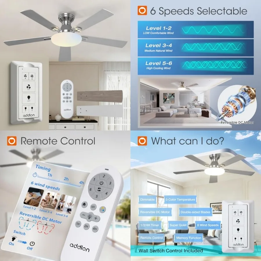 

Ceiling Fans with Lights, 52 inch Flush Mount Ceiling fan with Remote Control, Wall Remote, Reversible, 3CCT, Dimmable, Noisele