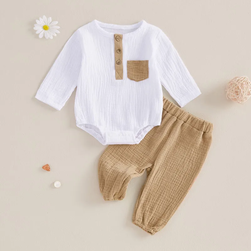 RUEWEY setelan bayi laki-laki, 0 hingga 18 bulan 2 potong set celana musim semi musim gugur pakaian lengan panjang warna kontras Bodysuit celana warna Solid