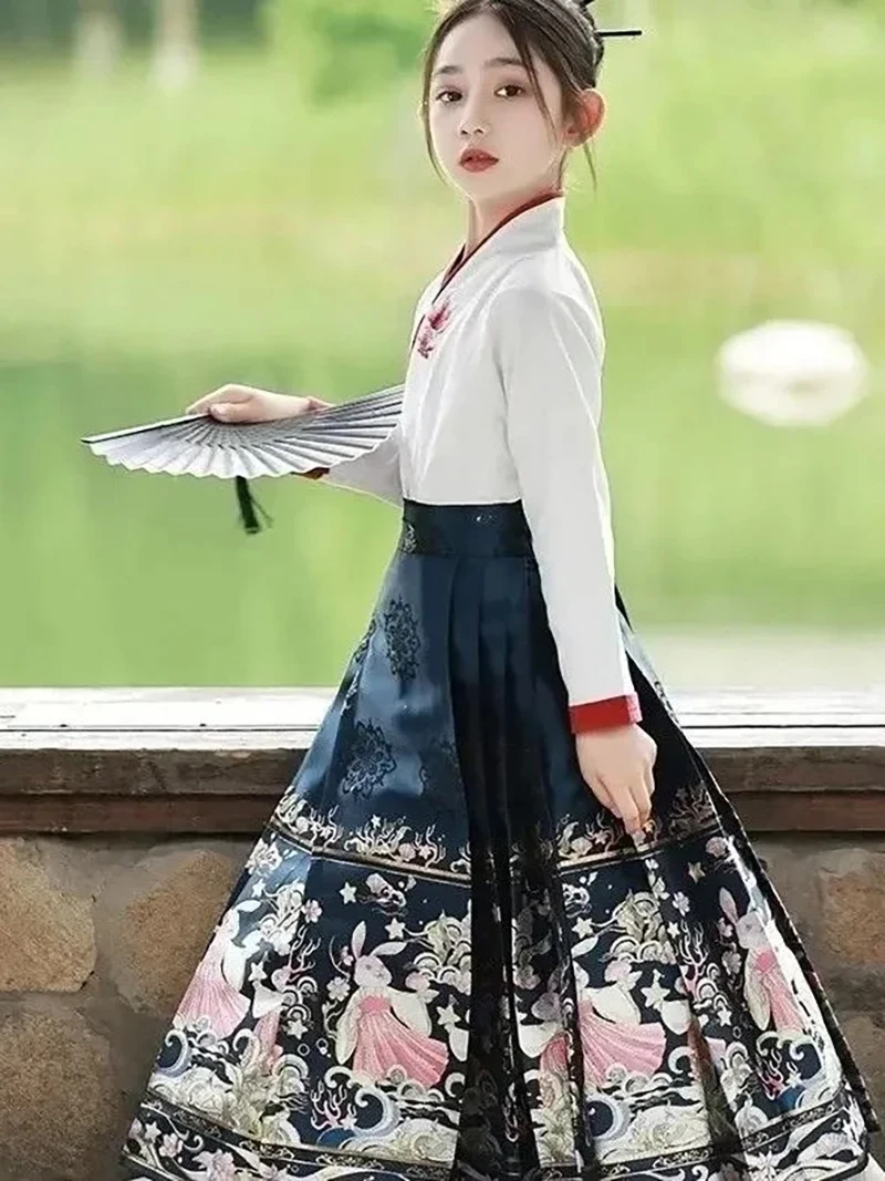 2024 Chinese Traditional Costume Horse Face Skirt for Girls Summer Childrens Ancient Clothing Hanfu Suit National Style Daily