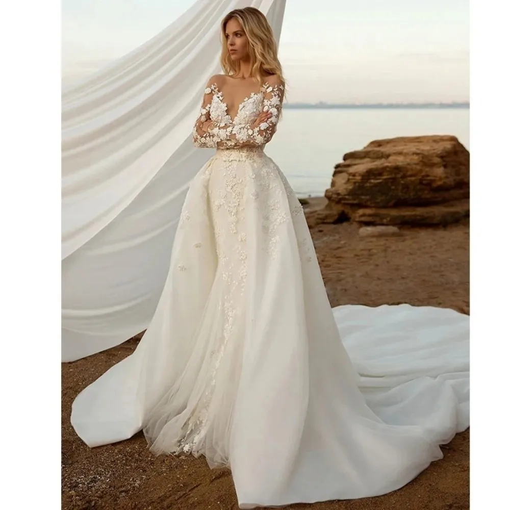 Eleganti abiti da sposa a sirena bianca con scollo a v in pizzo Appliques corte treno abito da sposa in Tulle abito da festa vestidos de novia 2024