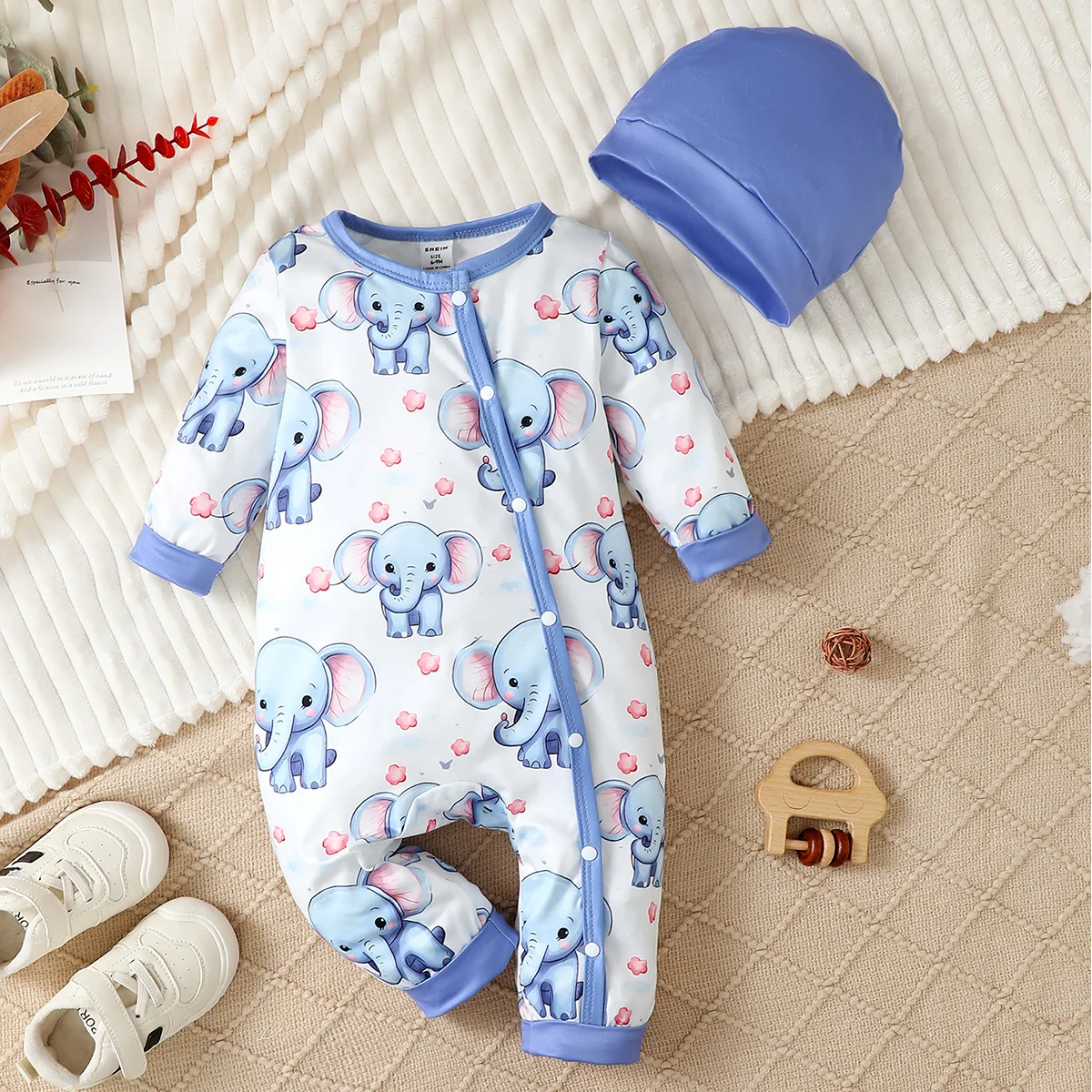 1-24M baby boy fun cute elephant pattern print soft tie feet long sleeve romper with hat Spring and autumn