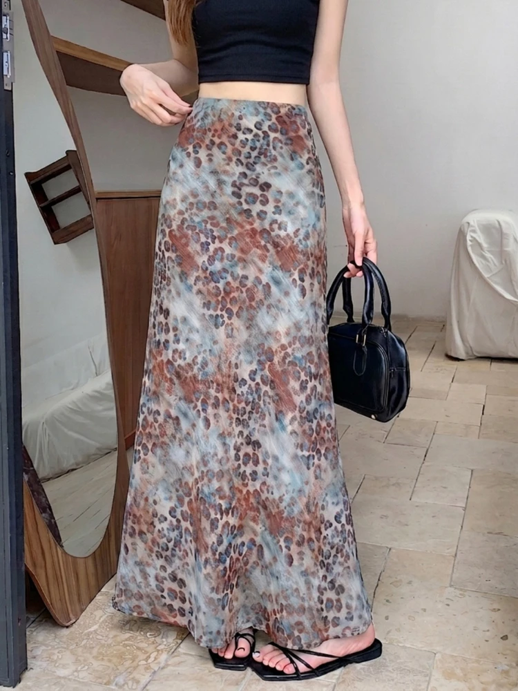 zjaiss Elegant Slim Fit Versatile Bodycon Mermaid Long Skirts For Women Spring Summer Golden Chiffon Leopard Print Half Skirt