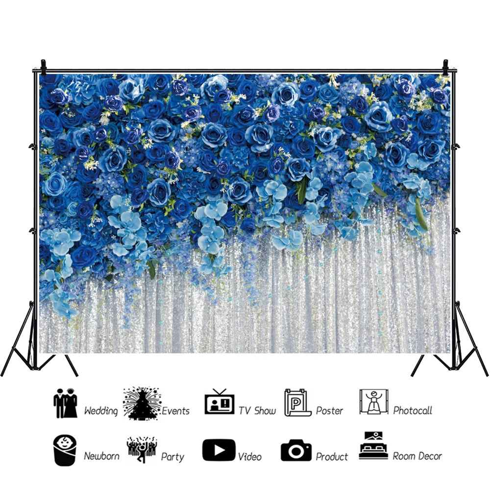 Laeacco Wedding Floral Rose Wall Backdrop Blue Flower White Curtain Valentines Day Bridal Shower Portrait Photography Background