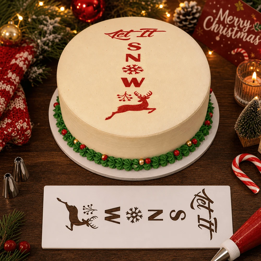 Christmas Reindeer Snowflake Cake Stencil Reusable Plastic Xmas Spray Template DIY Holiday Party Cake Baking Decoration Tool