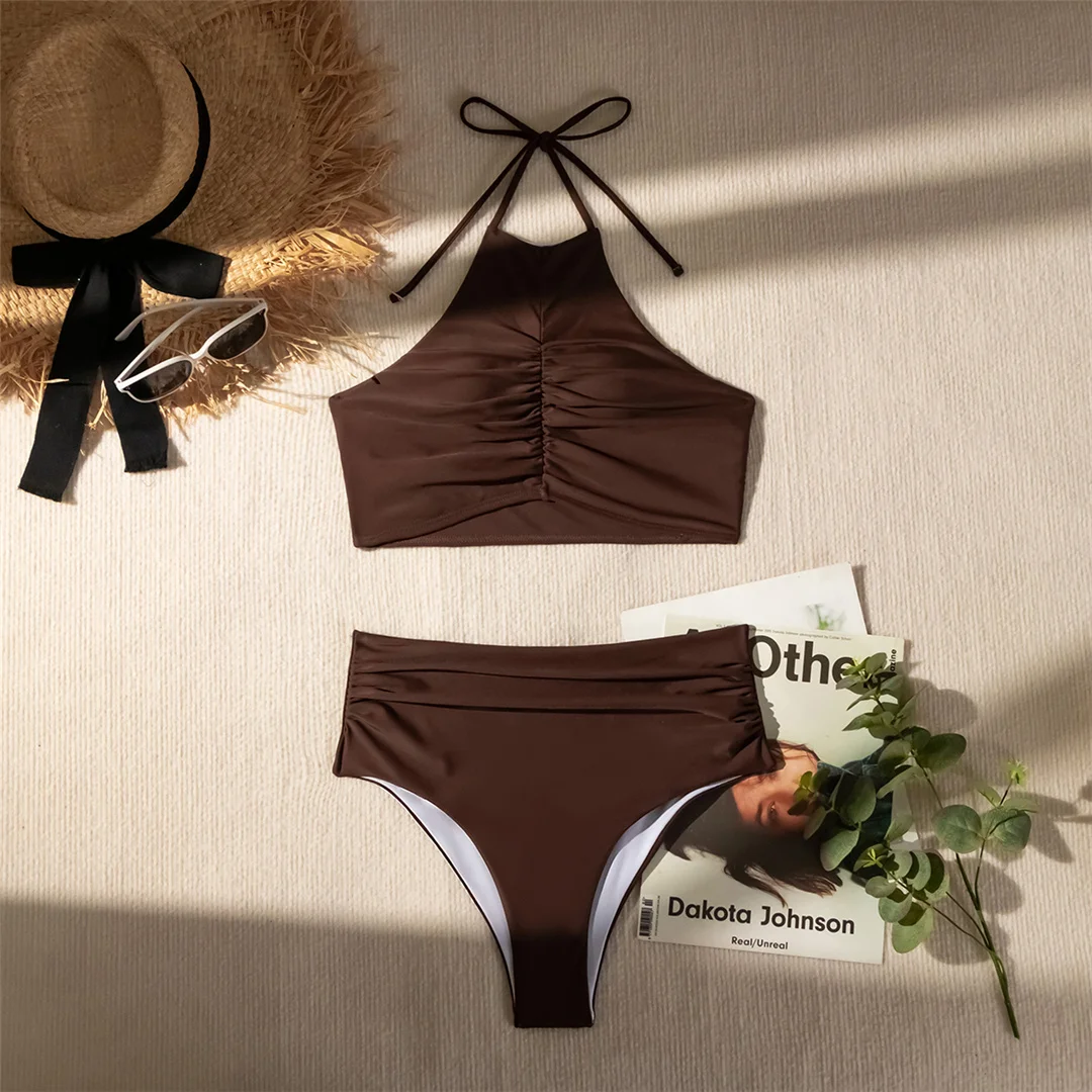 Halter Neckholder-Bikini mit Falten, hoher Halsausschnitt, Damen-Badeanzug, Bikini mit hoher Taille, zweiteiliges Bikini-Set, Badebekleidung, Badeanzug, Modell V5616 – Detail 11