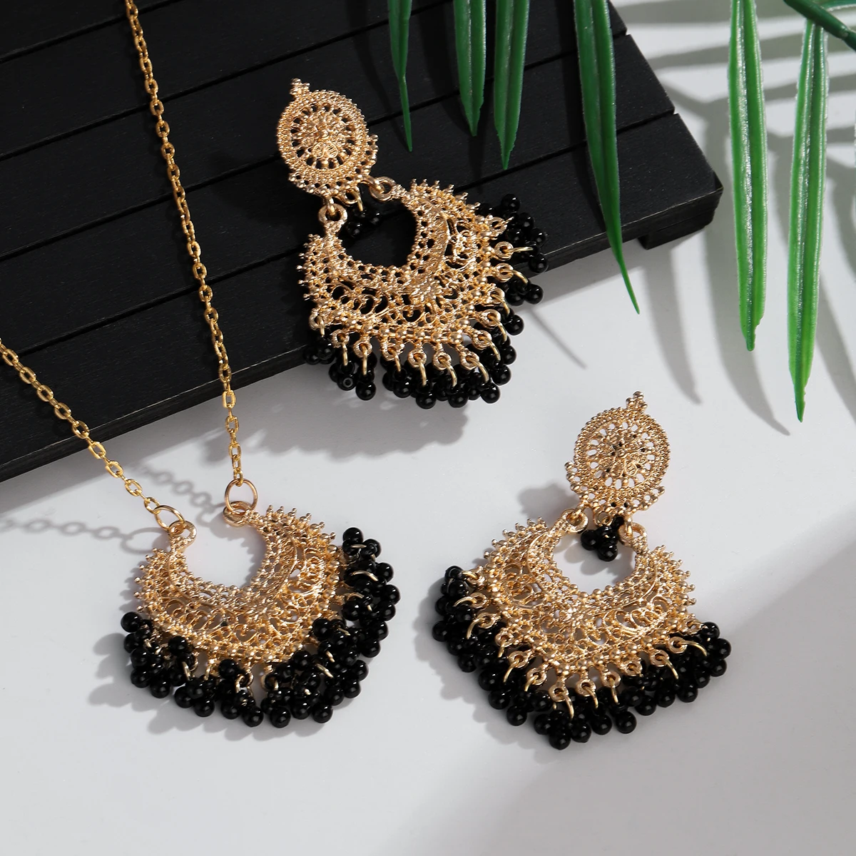 Indian Jewelry Set for Women Bijoux Retro Gold Plated Round Beads Tassel Earring Necklace Sets Ethnic Vintage Wedding Jewelry