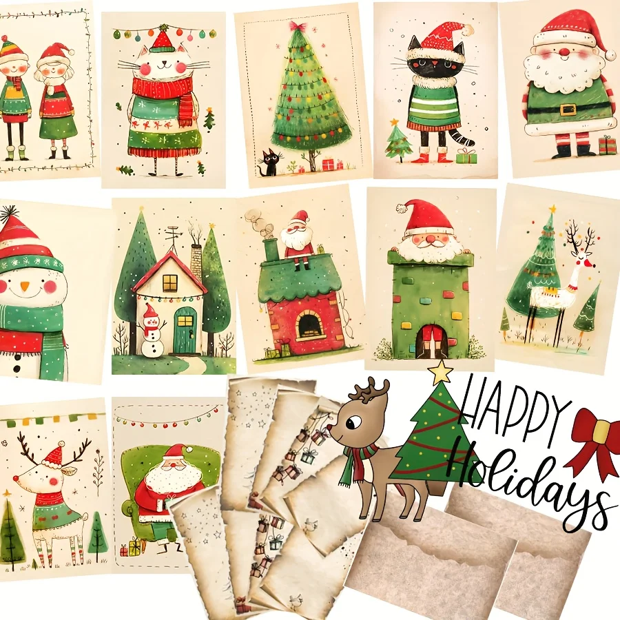 12 بطاقة + 16 ورق حروف + 2 مغلف + 20 ملصقًا مانع للتسرب لعيد الميلاد أنماط موضوع بطاقة بريدية لعيد الميلاد وعطلات ديكور العلم والحرف اليدوية #3